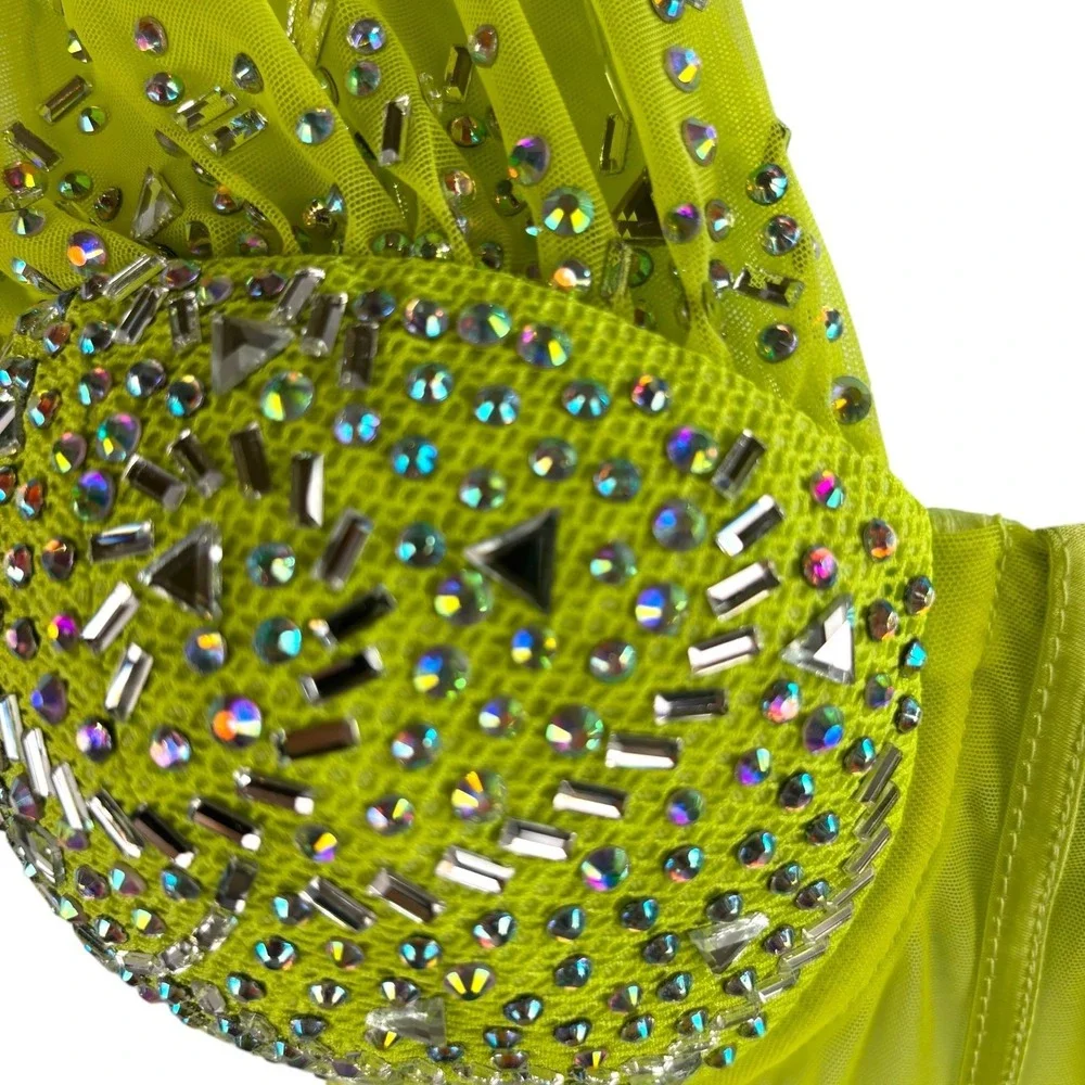 Banjul Neon Lime Green Corset Mini Dress Sz XS/S One Shoulder Rhinestone Beaded - Picture 3 of 11